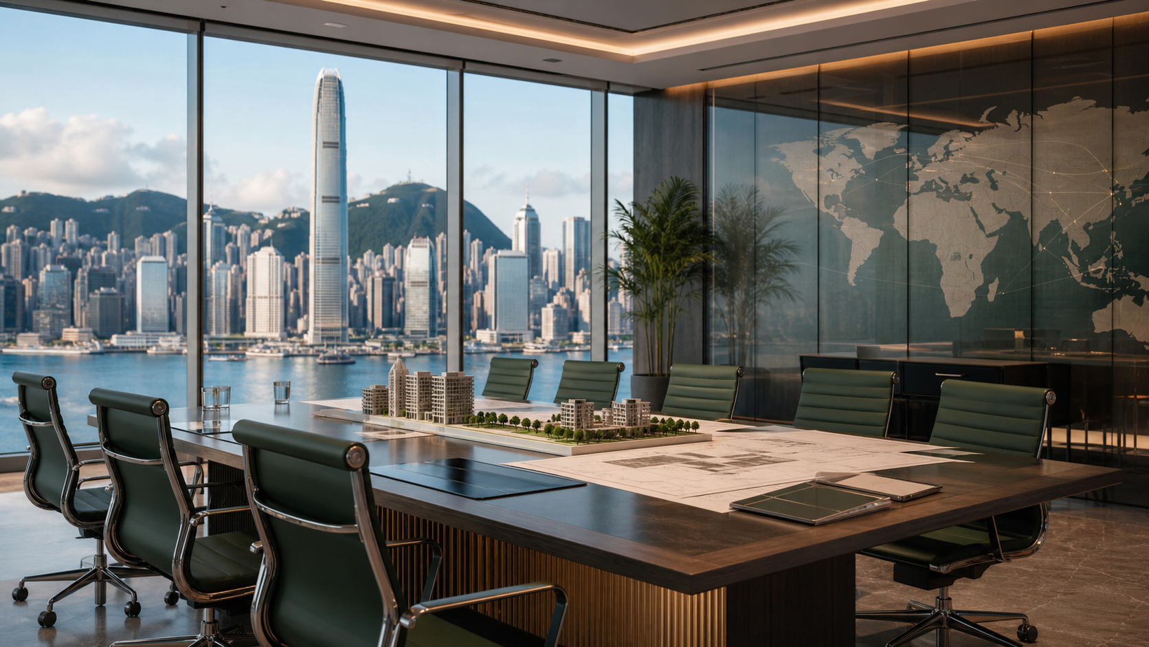Modern boardroom and city skyline representing international enterprise