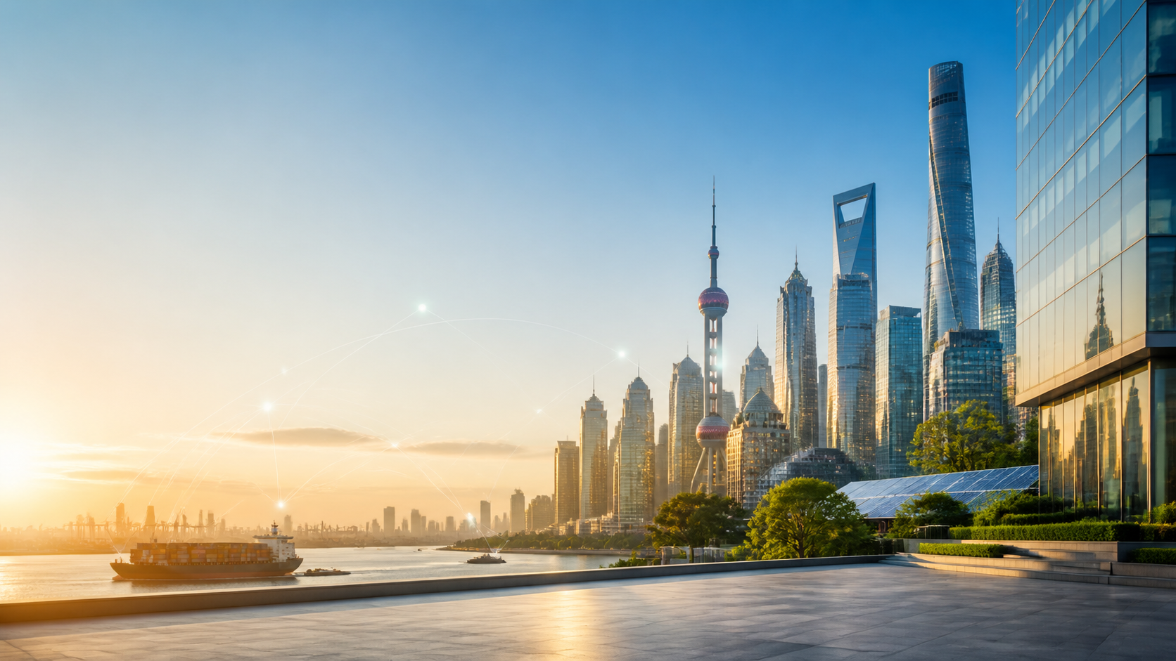 Modern international business district representing global growth